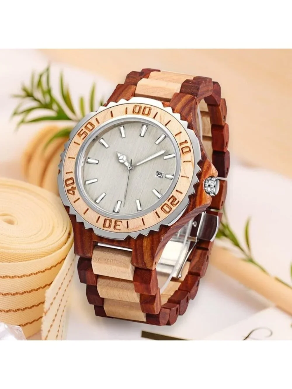 Mens Brown White Classic Handmade Skeletonized Bamboo Analog Quartz Wooden Watch